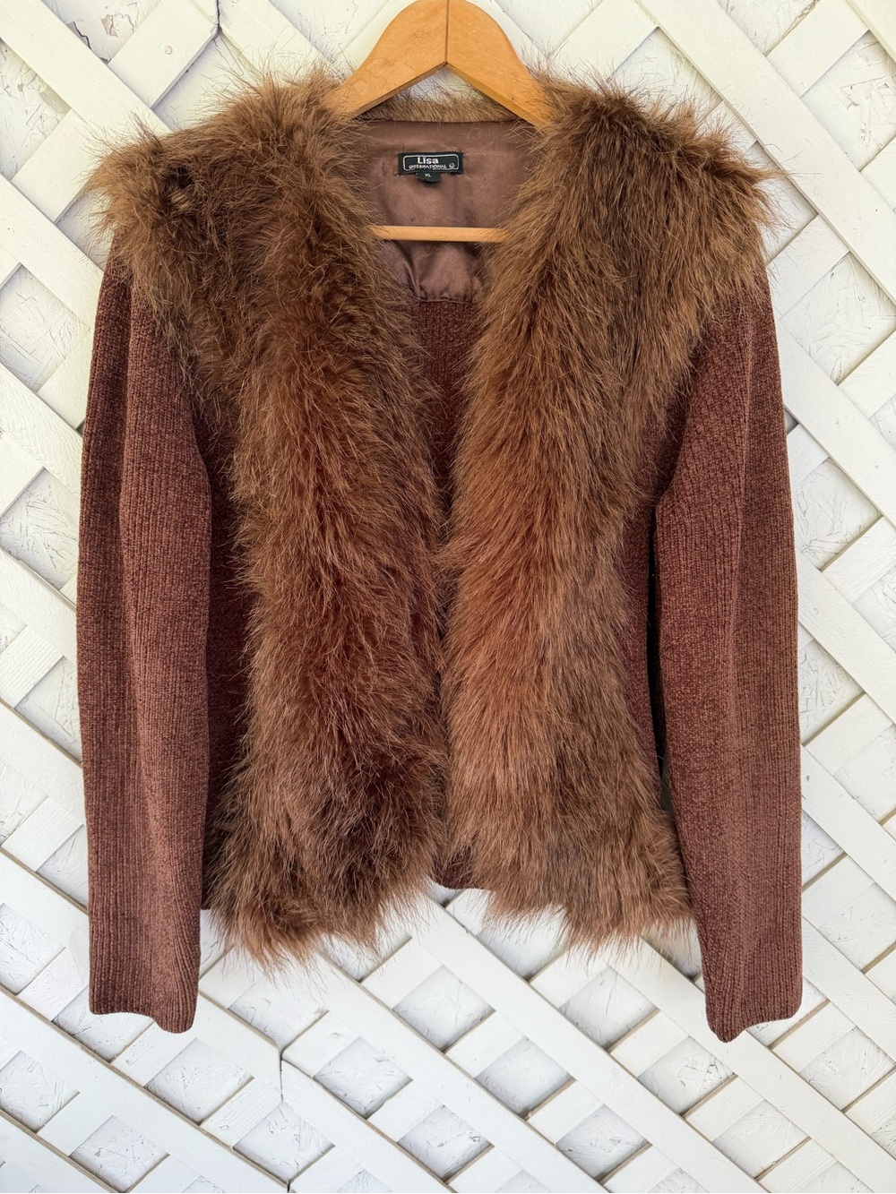 Lisa International Brown Knit Cardigan Sweater with Faux Fur Trim size XL